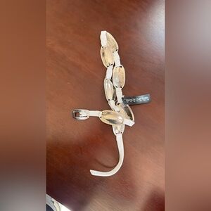 White Leather Belt with Silver Oval Hardware by Sandy Dufner